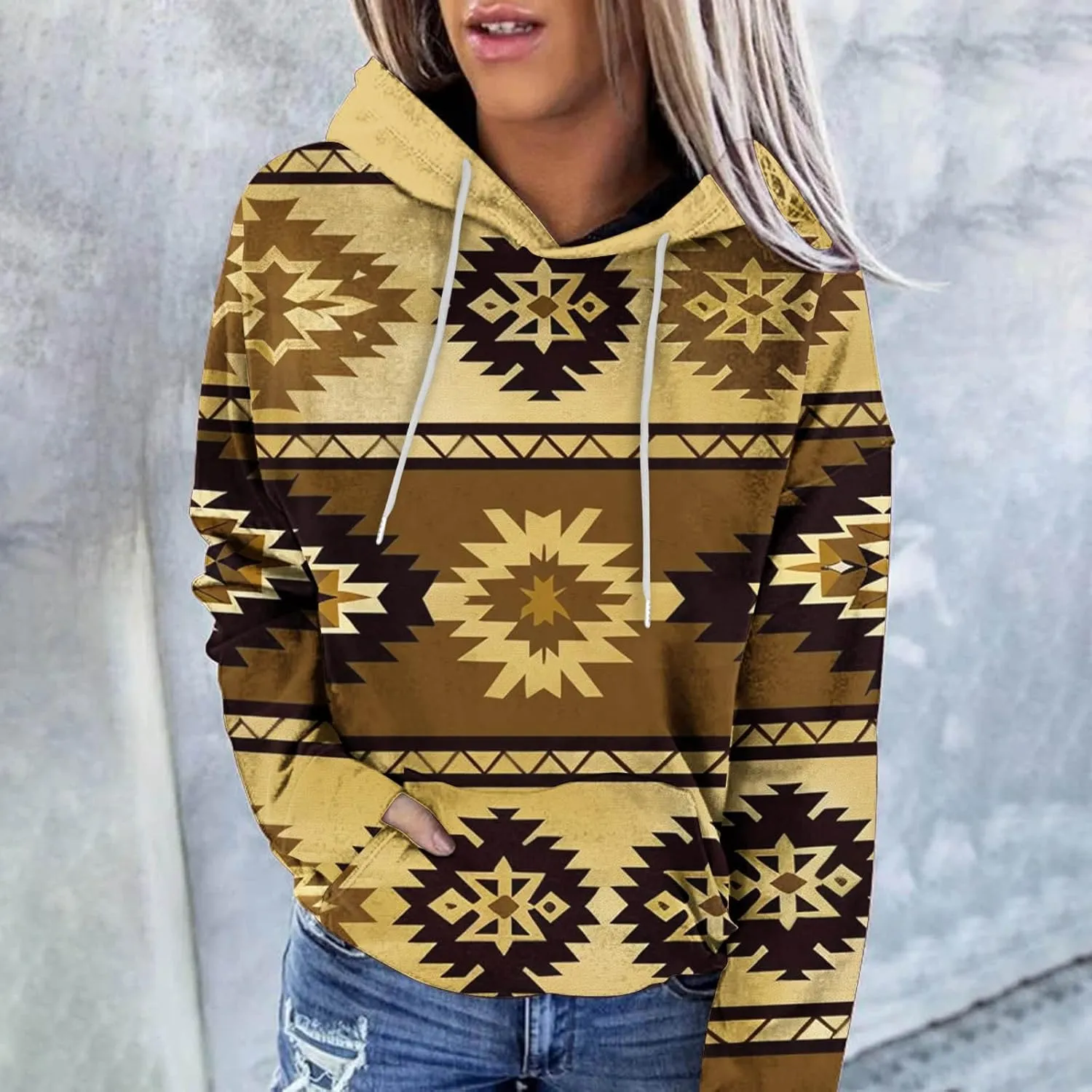 Women Western Ethic Hoodie Aztec Style Print Graphic Sweatshirts Pullover Hooded Pullover Tops Shirts Vintage Clothing