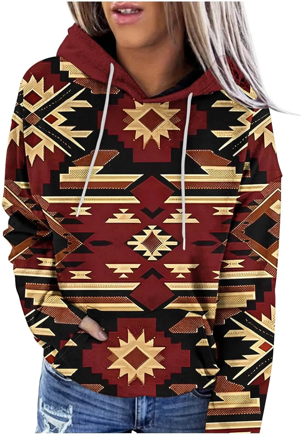 Women Western Ethic Hoodie Aztec Style Print Graphic Sweatshirts Pullover Hooded Pullover Tops Shirts Vintage Clothing
