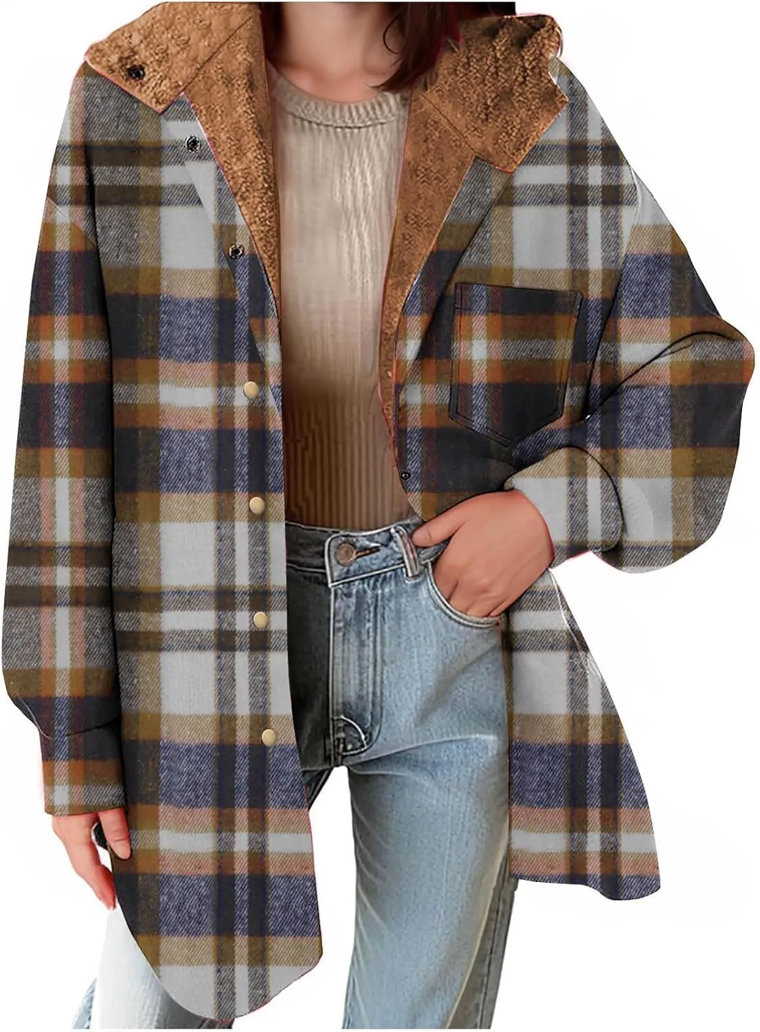 Women Wool Blend Trench Coat Plaid Trench Coat Fleece Sherpa Lined Shacket Jacket Hooded Oversized Color Block Hoodie