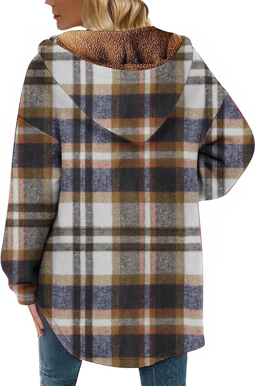 Women Wool Blend Trench Coat Plaid Trench Coat Fleece Sherpa Lined Shacket Jacket Hooded Oversized Color Block Hoodie