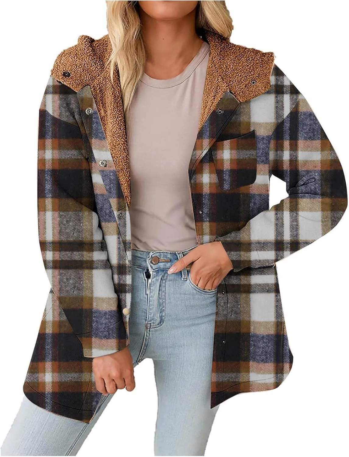 Women Wool Blend Trench Coat Plaid Trench Coat Fleece Sherpa Lined Shacket Jacket Hooded Oversized Color Block Hoodie