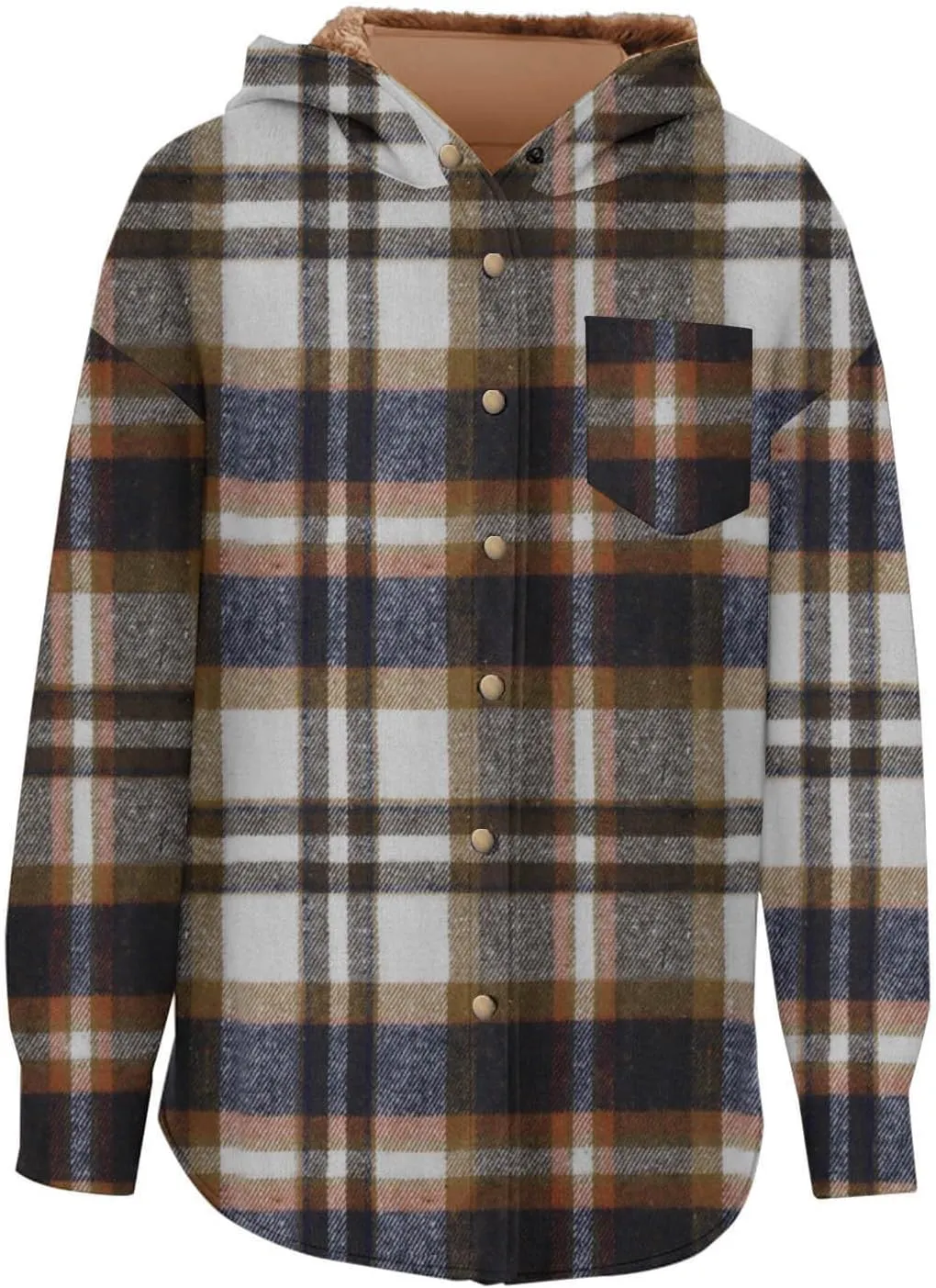 Women Wool Blend Trench Coat Plaid Trench Coat Fleece Sherpa Lined Shacket Jacket Hooded Oversized Color Block Hoodie