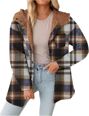 Women Wool Blend Trench Coat Plaid Trench Coat Fleece Sherpa Lined Shacket Jacket Hooded Oversized Color Block Hoodie