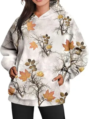 Womens Camo Hoodies Casual Loose Fit Long Sleeve Sweatshirts Oversized Maple Leaf Print Pullover Tops with Pocket