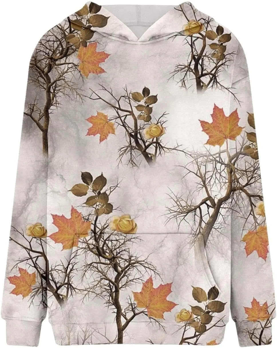 Womens Camo Hoodies Casual Loose Fit Long Sleeve Sweatshirts Oversized Maple Leaf Print Pullover Tops with Pocket