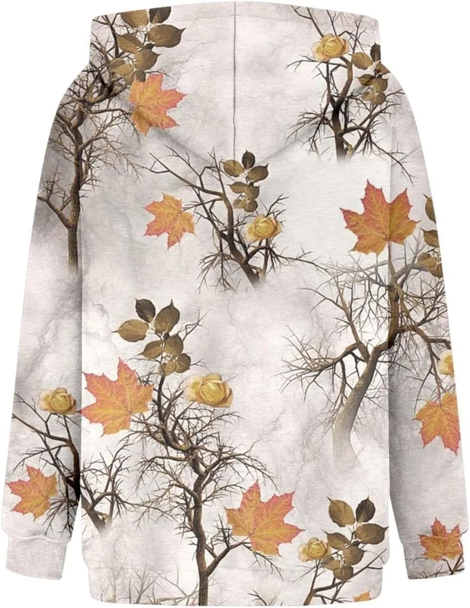 Womens Camo Hoodies Casual Loose Fit Long Sleeve Sweatshirts Oversized Maple Leaf Print Pullover Tops with Pocket