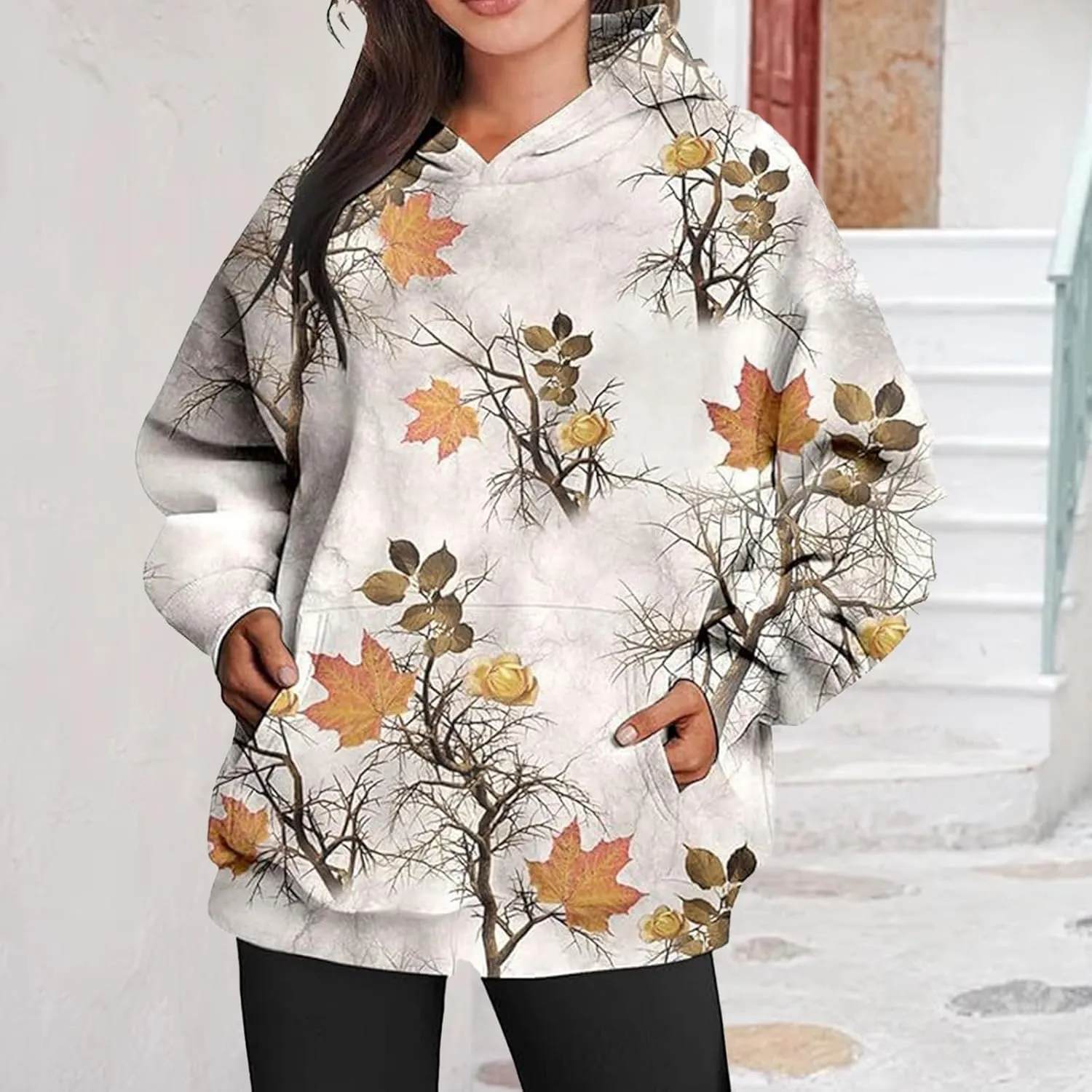 Womens Camo Hoodies Casual Loose Fit Long Sleeve Sweatshirts Oversized Maple Leaf Print Pullover Tops with Pocket