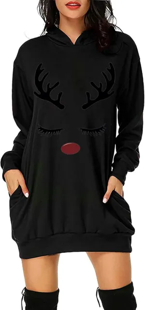 Women's Christmas Hoodies Sweatshirt Dress 2023 Fashion Loose Fit Bag Hip Printed Long Sleeve Oversized Pullover Tops