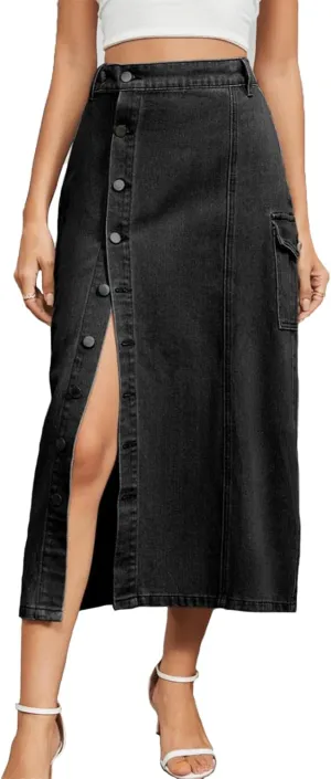 Women's Denim Skirt High Waisted Elastic Midi Button Up Side Slit Jean Skirt Y2K Vintage Cute Clean Fit