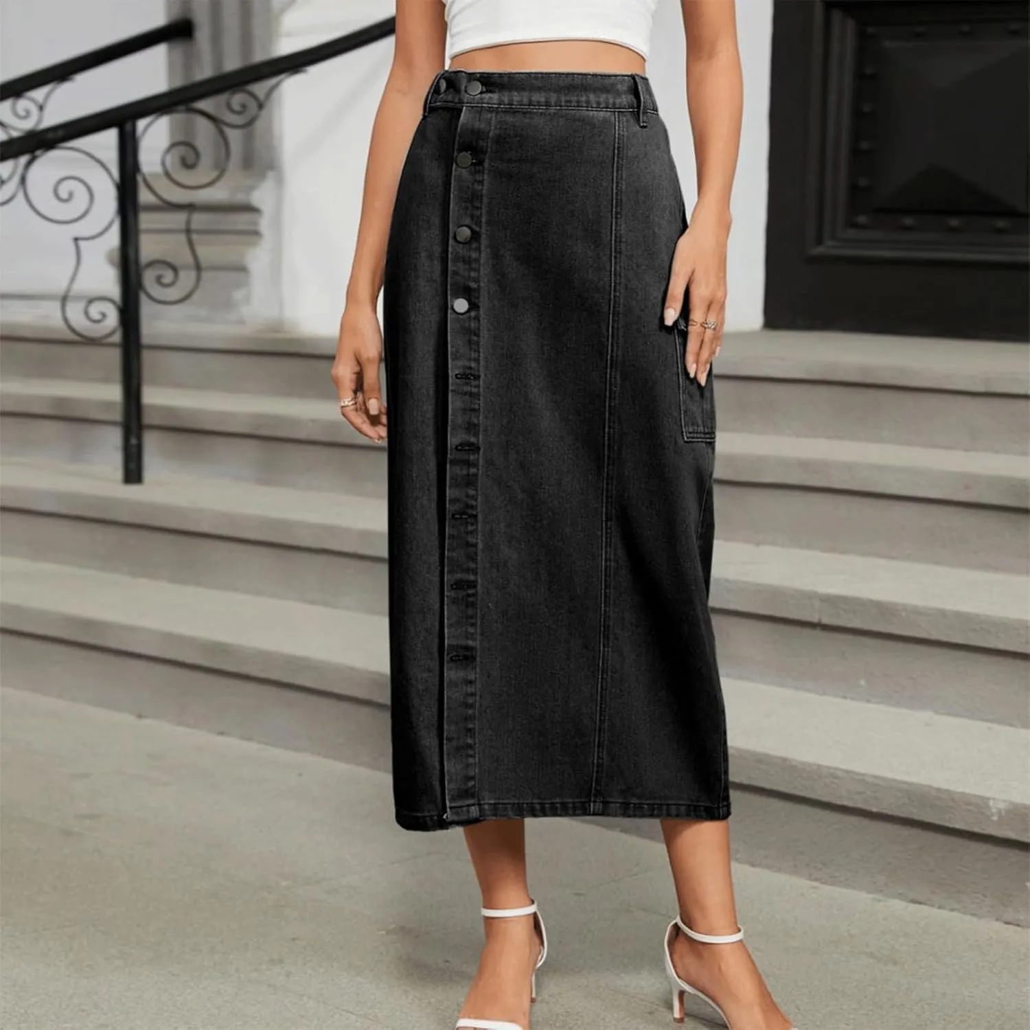 Women's Denim Skirt High Waisted Elastic Midi Button Up Side Slit Jean Skirt Y2K Vintage Cute Clean Fit