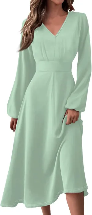 Womens Dresses V Neck Long Sleeve Dresses Maxi Printed Dresses Fall Soft Dress Fashion Elegant Dress Casual Dresses