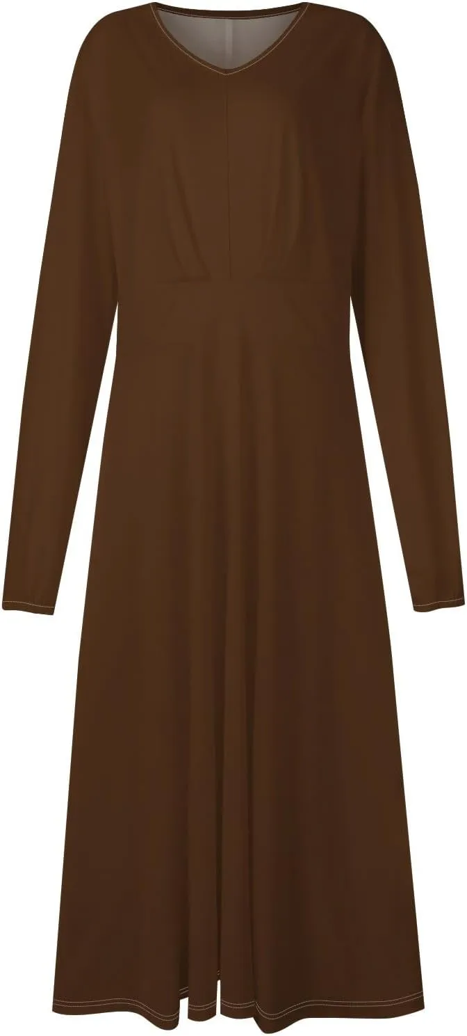 Womens Dresses V Neck Long Sleeve Dresses Maxi Printed Dresses Fall Soft Dress Fashion Elegant Dress Casual Dresses