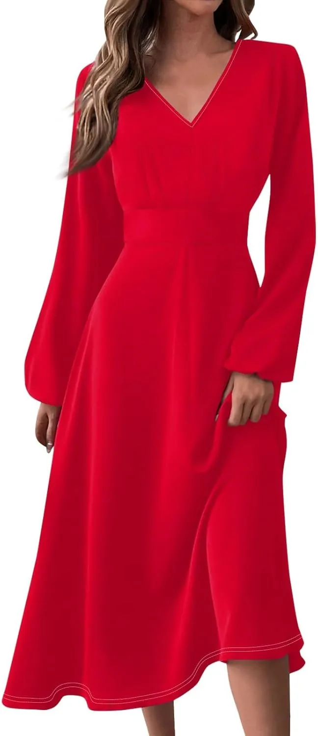 Womens Dresses V Neck Long Sleeve Dresses Maxi Printed Dresses Fall Soft Dress Fashion Elegant Dress Casual Dresses