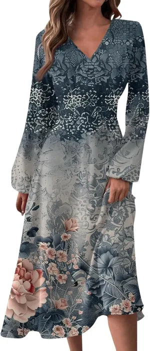 Womens Dresses V Neck Long Sleeve Dresses Maxi Printed Dresses Fall Soft Dress Fashion Elegant Dress Casual Dresses