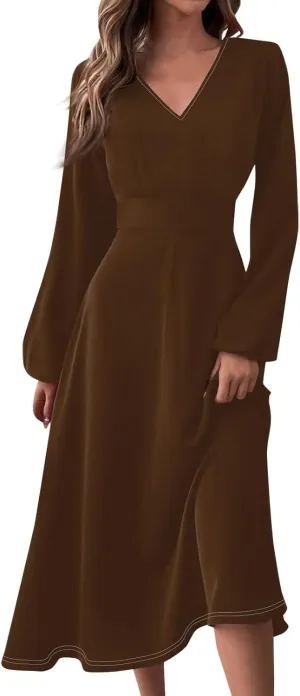 Womens Dresses V Neck Long Sleeve Dresses Maxi Printed Dresses Fall Soft Dress Fashion Elegant Dress Casual Dresses