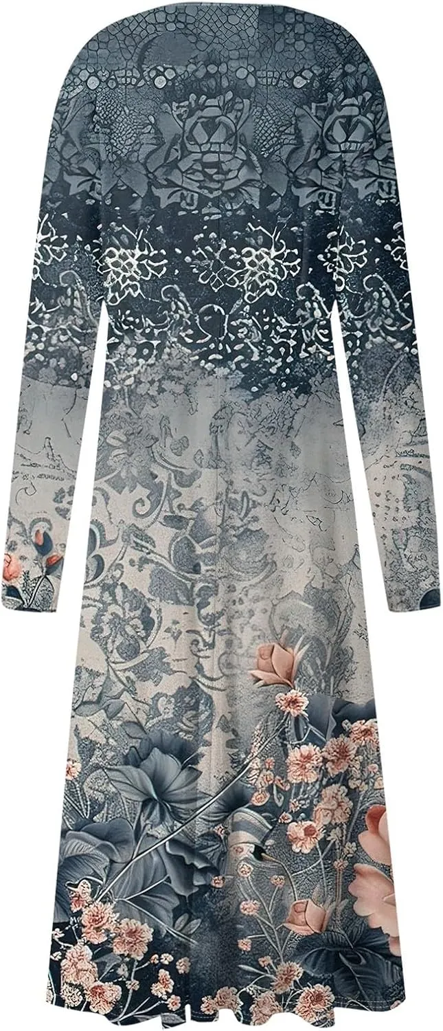 Womens Dresses V Neck Long Sleeve Dresses Maxi Printed Dresses Fall Soft Dress Fashion Elegant Dress Casual Dresses