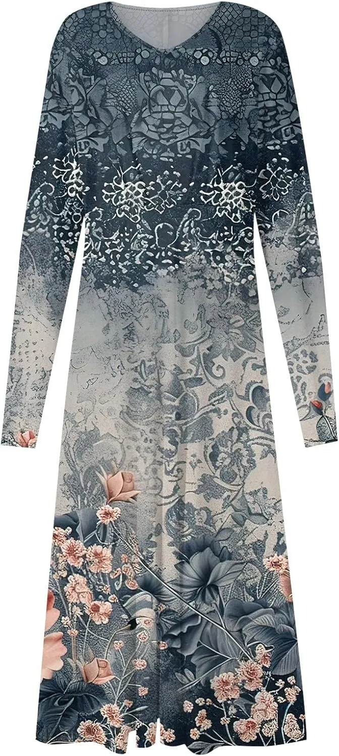 Womens Dresses V Neck Long Sleeve Dresses Maxi Printed Dresses Fall Soft Dress Fashion Elegant Dress Casual Dresses