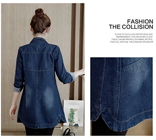 Women's Fall Washed Blue Denim Long Jacket Fashion Front Button Down Jean Coat XL Dark Wash Blue