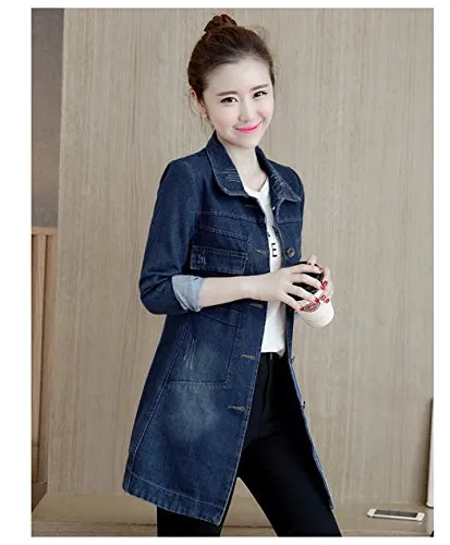 Women's Fall Washed Blue Denim Long Jacket Fashion Front Button Down Jean Coat XL Dark Wash Blue