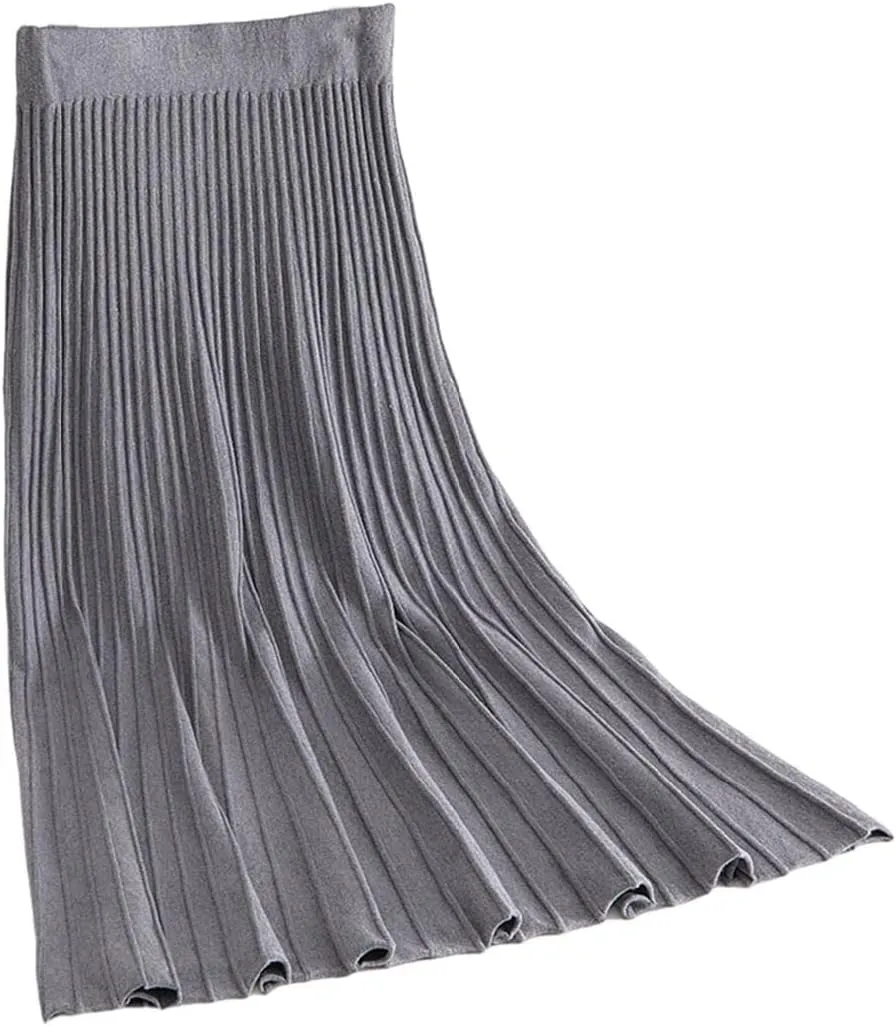Women's Fashion Soft Knit High Waist Pleated A Line Swing Midi Skirt