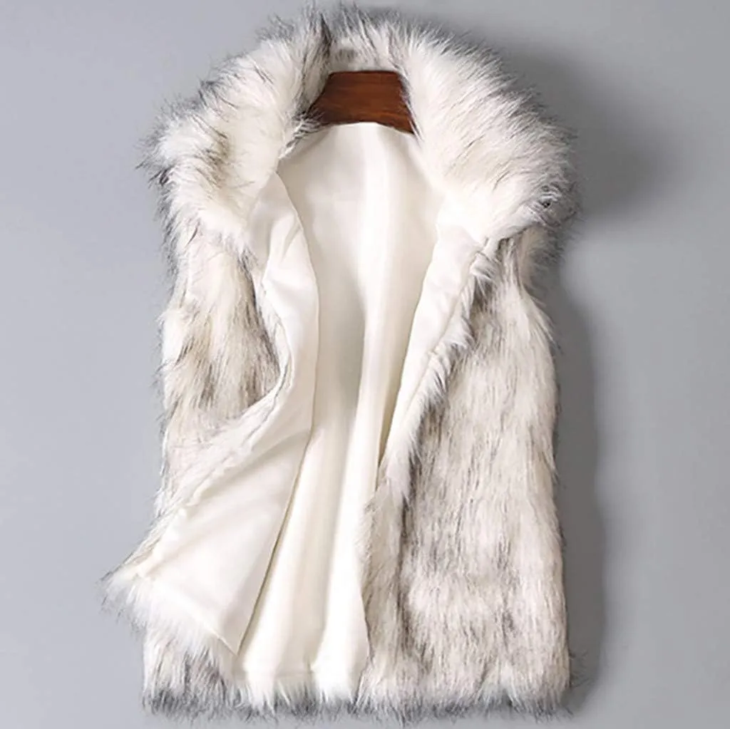 Womens Faux Fur Vests Fall Winter Sleeveless Casual Loose Coats Fuzzy Fleece Lapel Collar Jackets Windproof Outerwear