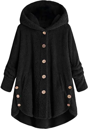 Womens Fleece Jackets Winter Hooded Coats 2024 Trendy Oversized Button Down Cardigan Sweater Warm Sweatshirt with Pocket