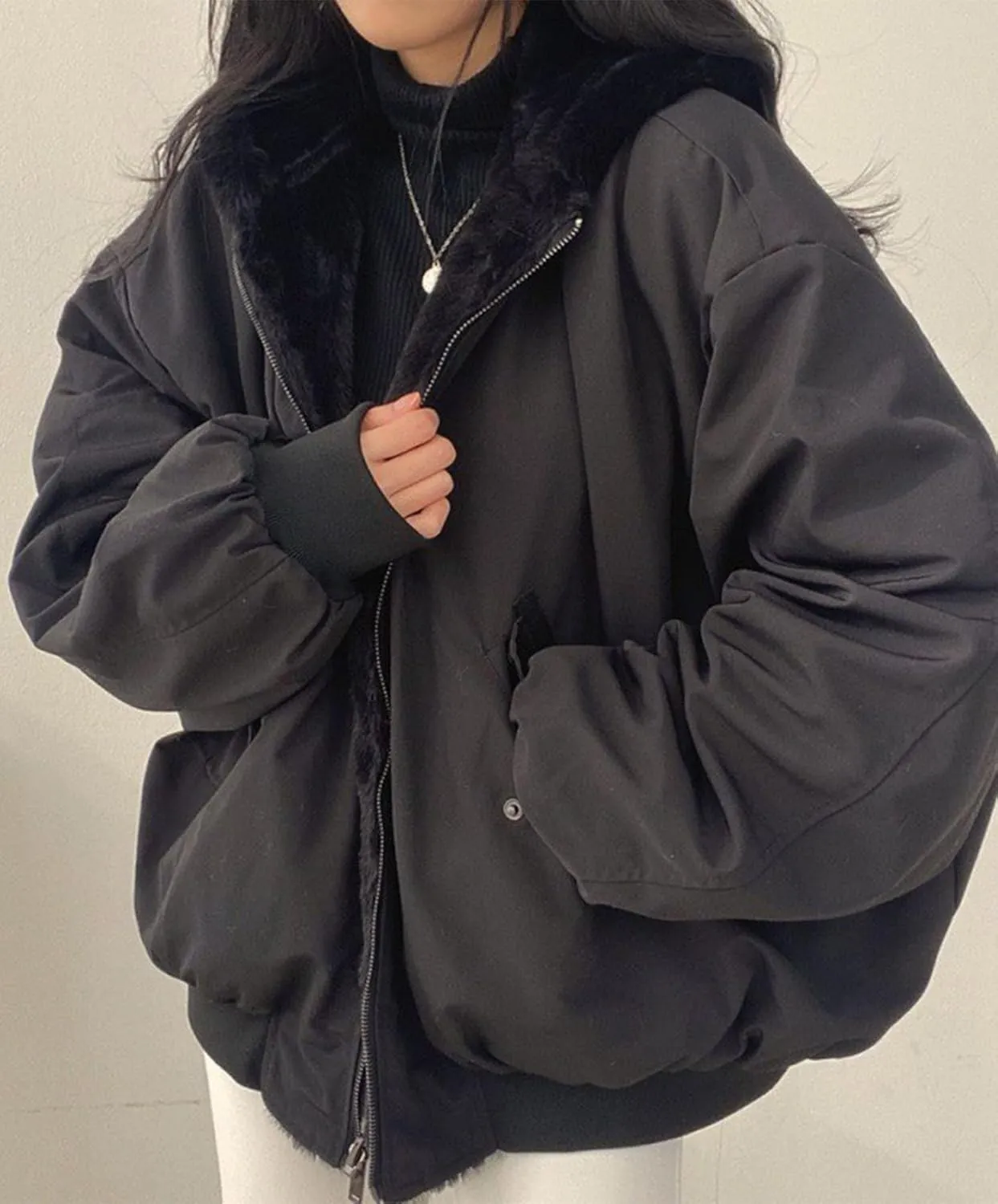 Womens Fleece Lined Jacket Reversible Zip Up Fuzzy Faux Fur Hoodie Oversized Warm Sweatshirt