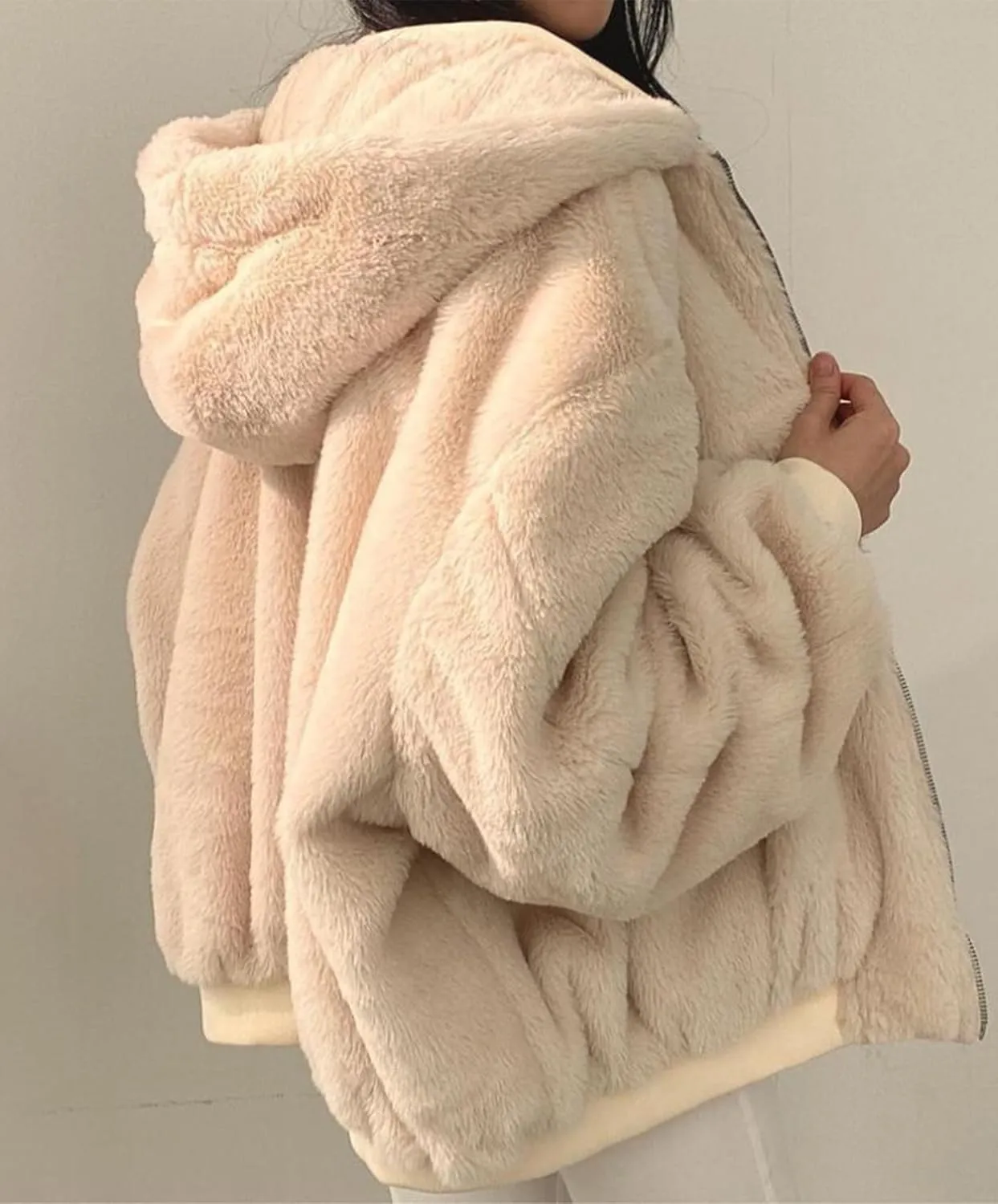 Womens Fleece Lined Jacket Reversible Zip Up Fuzzy Faux Fur Hoodie Oversized Warm Sweatshirt