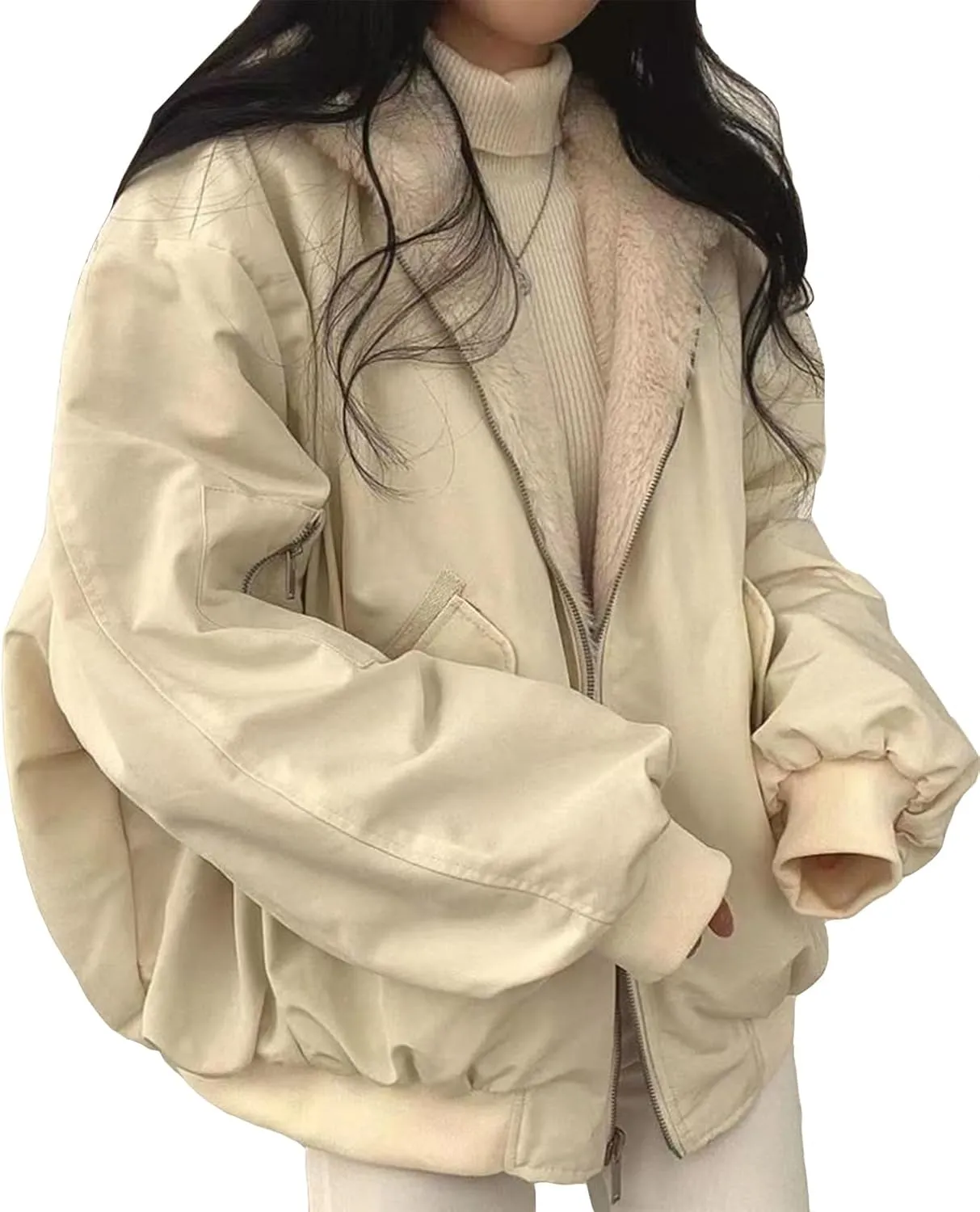Womens Fleece Lined Jacket Reversible Zip Up Fuzzy Faux Fur Hoodie Oversized Warm Sweatshirt