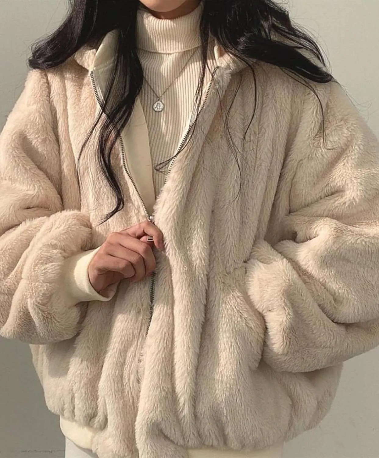 Womens Fleece Lined Jacket Reversible Zip Up Fuzzy Faux Fur Hoodie Oversized Warm Sweatshirt