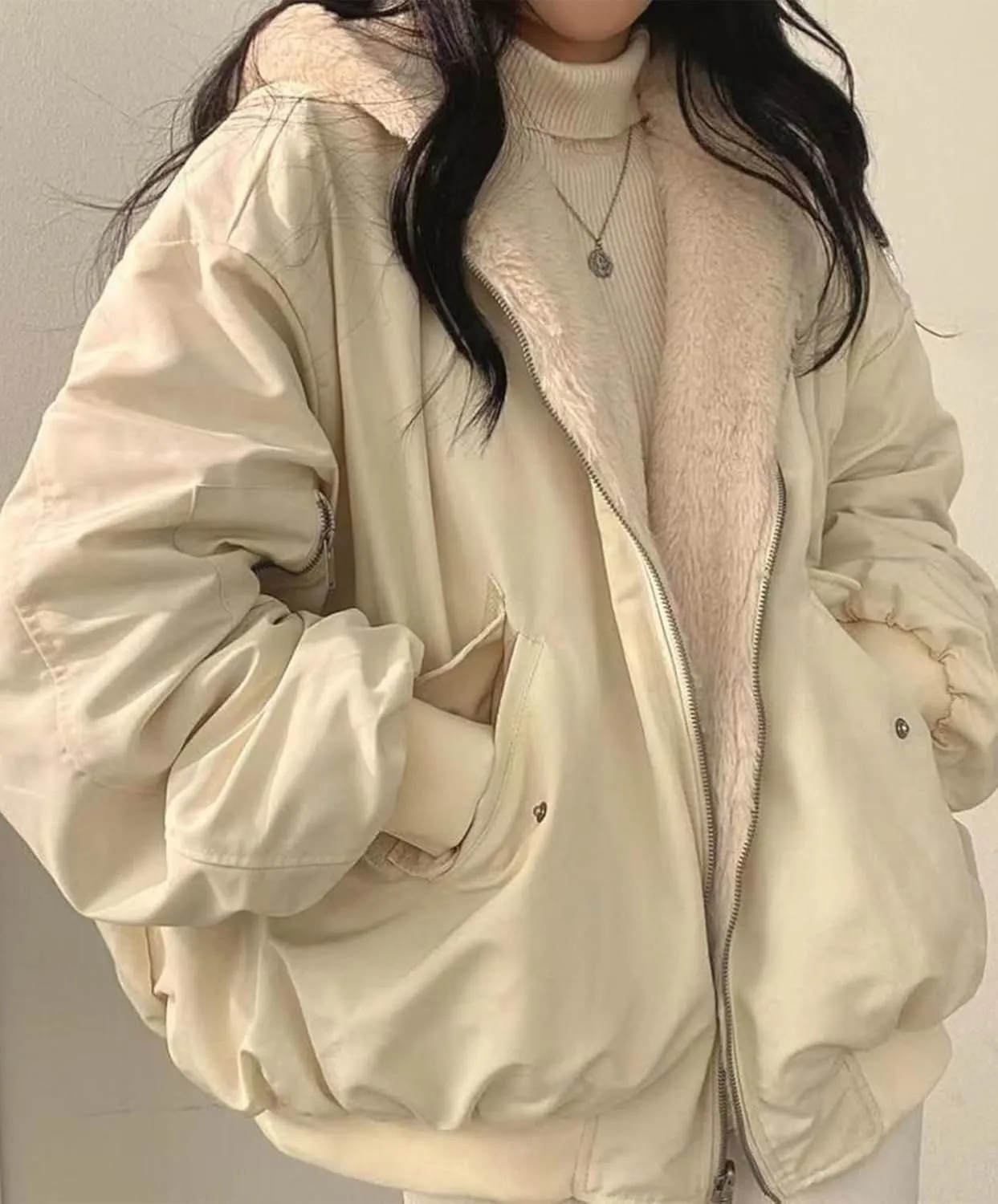 Womens Fleece Lined Jacket Reversible Zip Up Fuzzy Faux Fur Hoodie Oversized Warm Sweatshirt