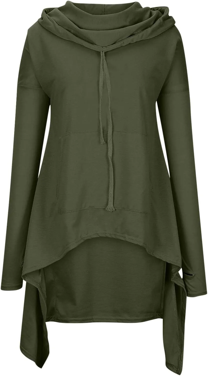Womens Long Sleeve Pullover Hoodies Solid Color Turtle Neck High Low Hem Sweatshirt Loose Fit Casual Fall Fashion Tops