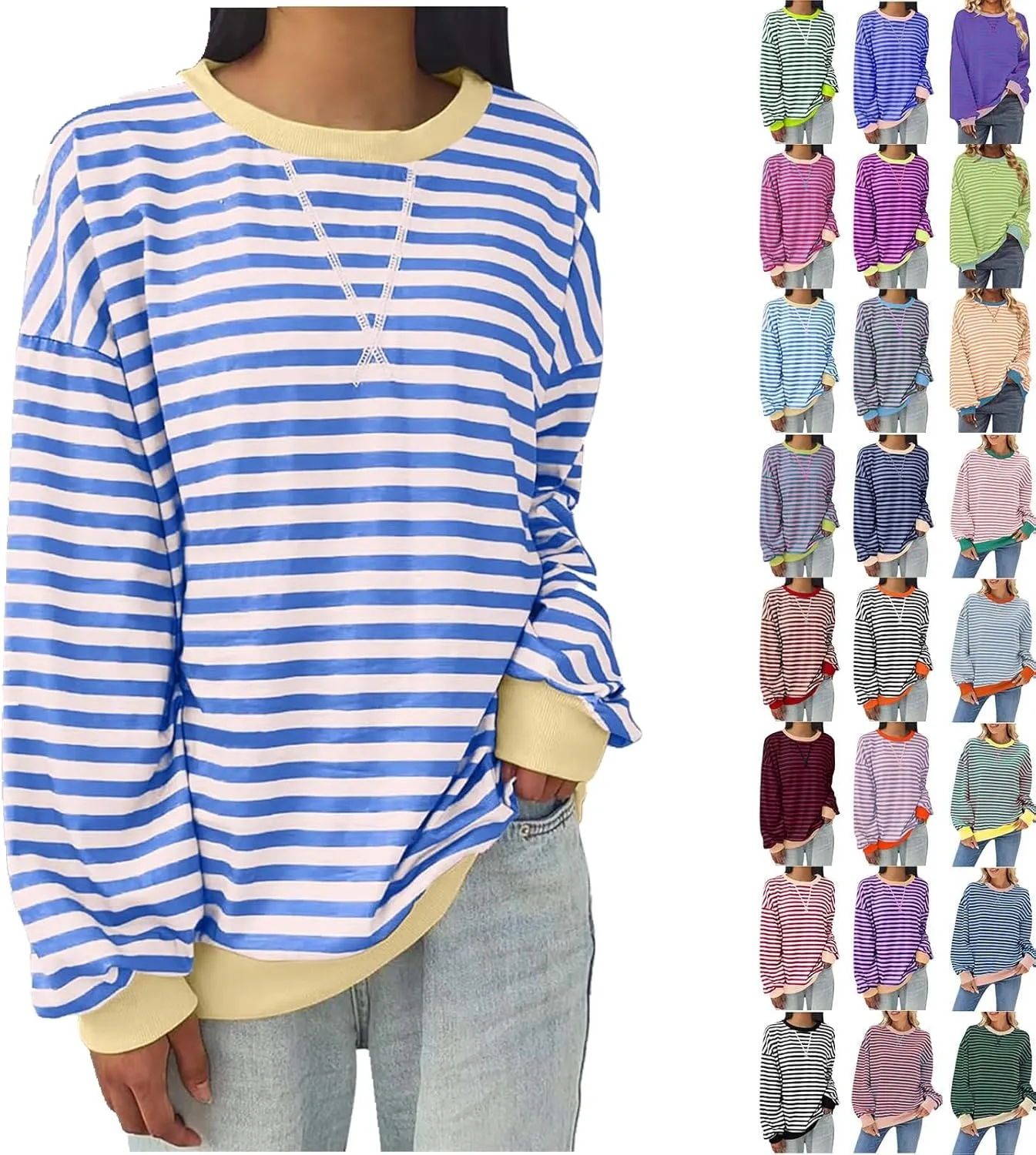 Women's Oversized Striped Color Block Sweatshirts Tops Long Sleeve Crewneck Baggy Y2k Preppy Pullover Shirt Blouse