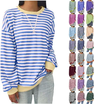 Women's Oversized Striped Color Block Sweatshirts Tops Long Sleeve Crewneck Baggy Y2k Preppy Pullover Shirt Blouse