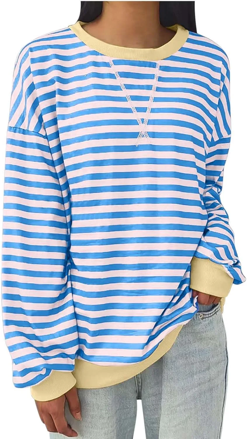 Women's Oversized Striped Color Block Sweatshirts Tops Long Sleeve Crewneck Baggy Y2k Preppy Pullover Shirt Blouse