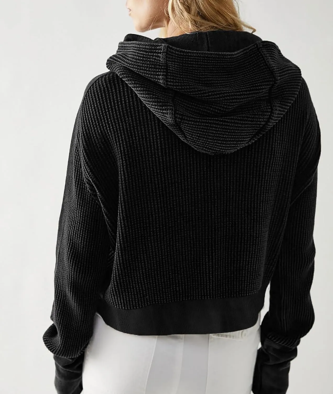 Women's Oversized Zip Up Hoodie Waffle Knit Jacket Button Collar Hooded Sweatshirt Cropped Outerwear With Pockets