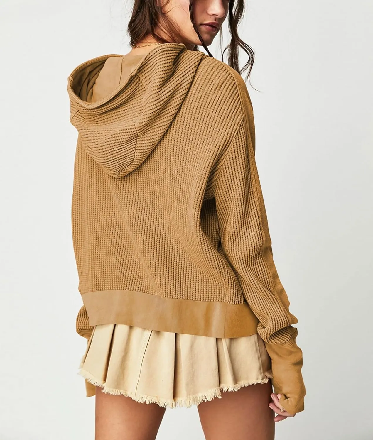 Women's Oversized Zip Up Hoodie Waffle Knit Jacket Button Collar Hooded Sweatshirt Cropped Outerwear With Pockets