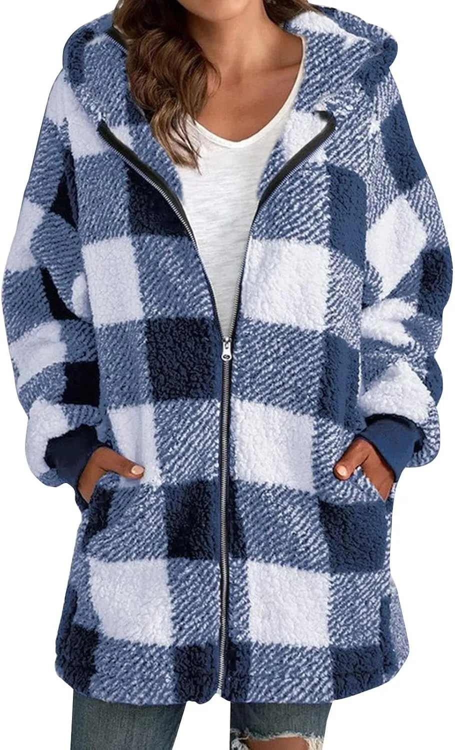 Women's Plaid Lined Hooded Jacket With Pocket Zip Up Oversized Fuzzy Coat Checkered Flannel Hoodie Thick Plush Outerwear