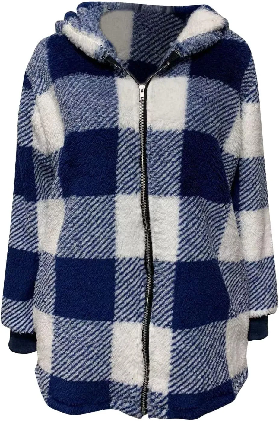 Women's Plaid Lined Hooded Jacket With Pocket Zip Up Oversized Fuzzy Coat Checkered Flannel Hoodie Thick Plush Outerwear