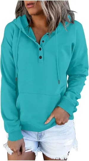 Women's Pullover Hoodies Tops Casual Button Down Long Sleeve Hooded Sweatshirts With Kangaroo Pocket Trendy 2023