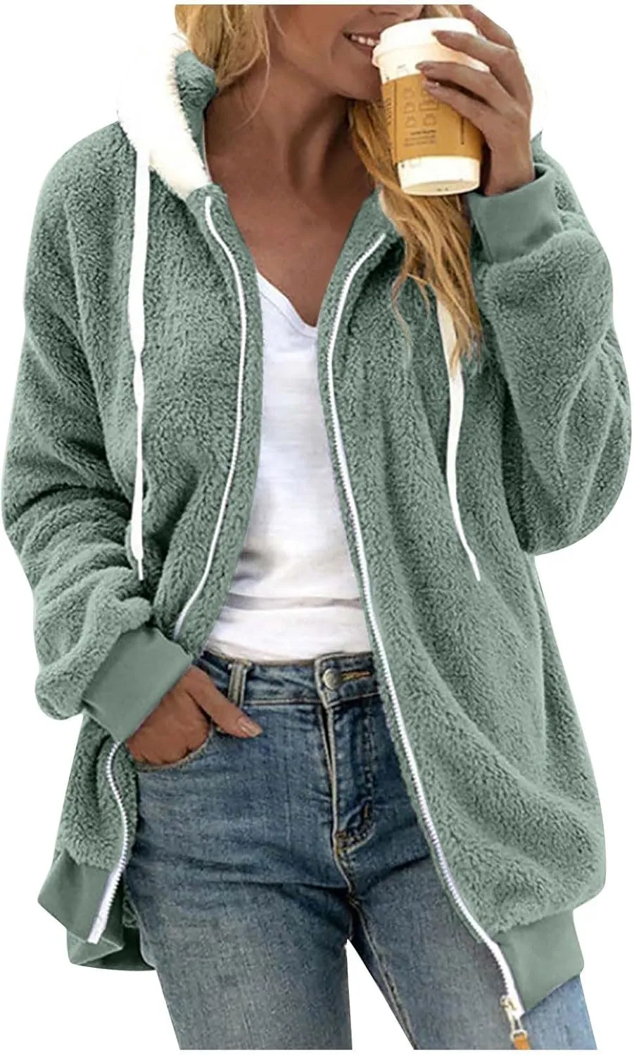 Womens Sherpa Jacket Fuzzy Plus Size Zip Up Hoodie Soft Comfy Fleece Lined Winter Coat with Pockets Warm Outerwear
