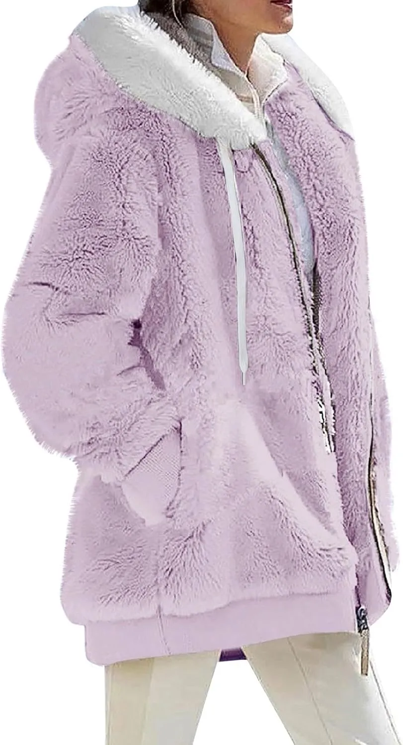 Womens Sherpa Jacket Fuzzy Plus Size Zip Up Hoodie Soft Comfy Fleece Lined Winter Coat with Pockets Warm Outerwear