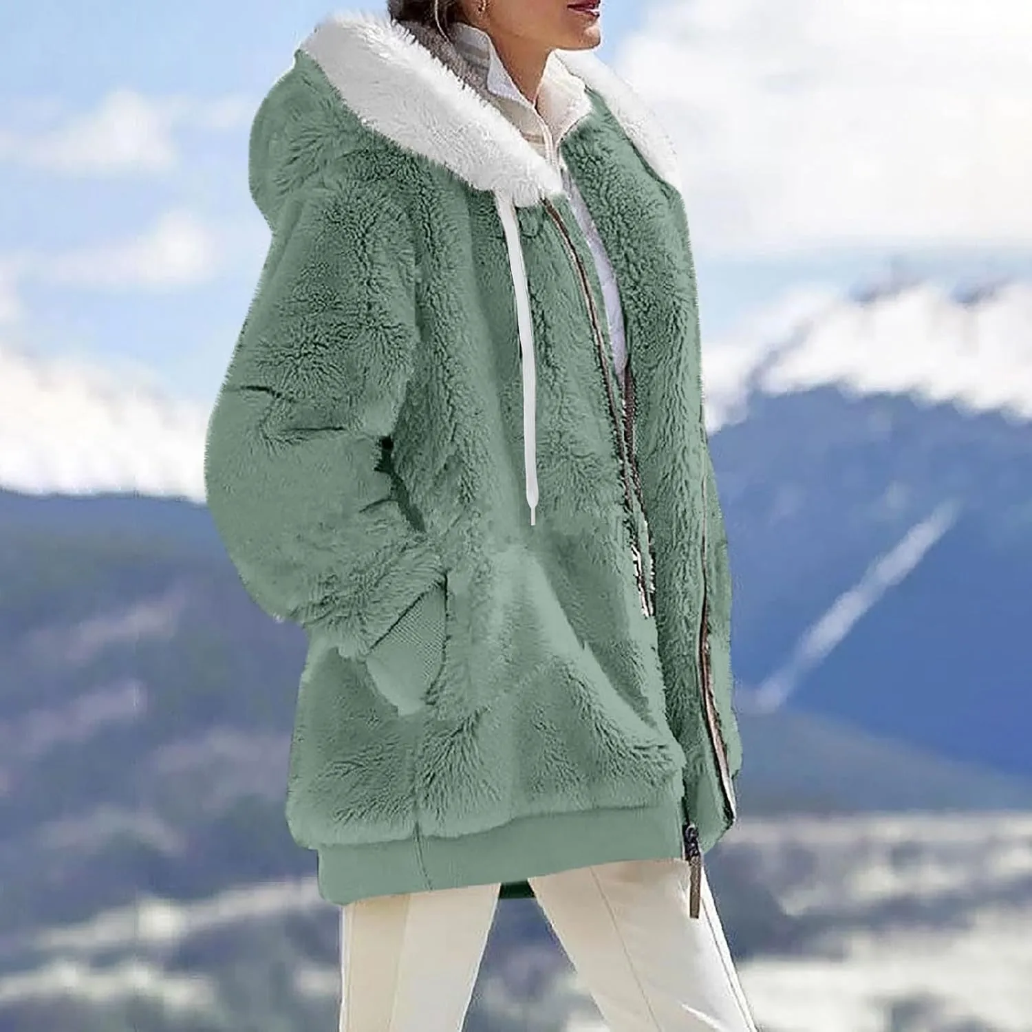 Womens Sherpa Jacket Fuzzy Plus Size Zip Up Hoodie Soft Comfy Fleece Lined Winter Coat with Pockets Warm Outerwear