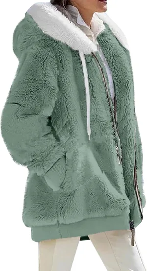 Womens Sherpa Jacket Fuzzy Plus Size Zip Up Hoodie Soft Comfy Fleece Lined Winter Coat with Pockets Warm Outerwear