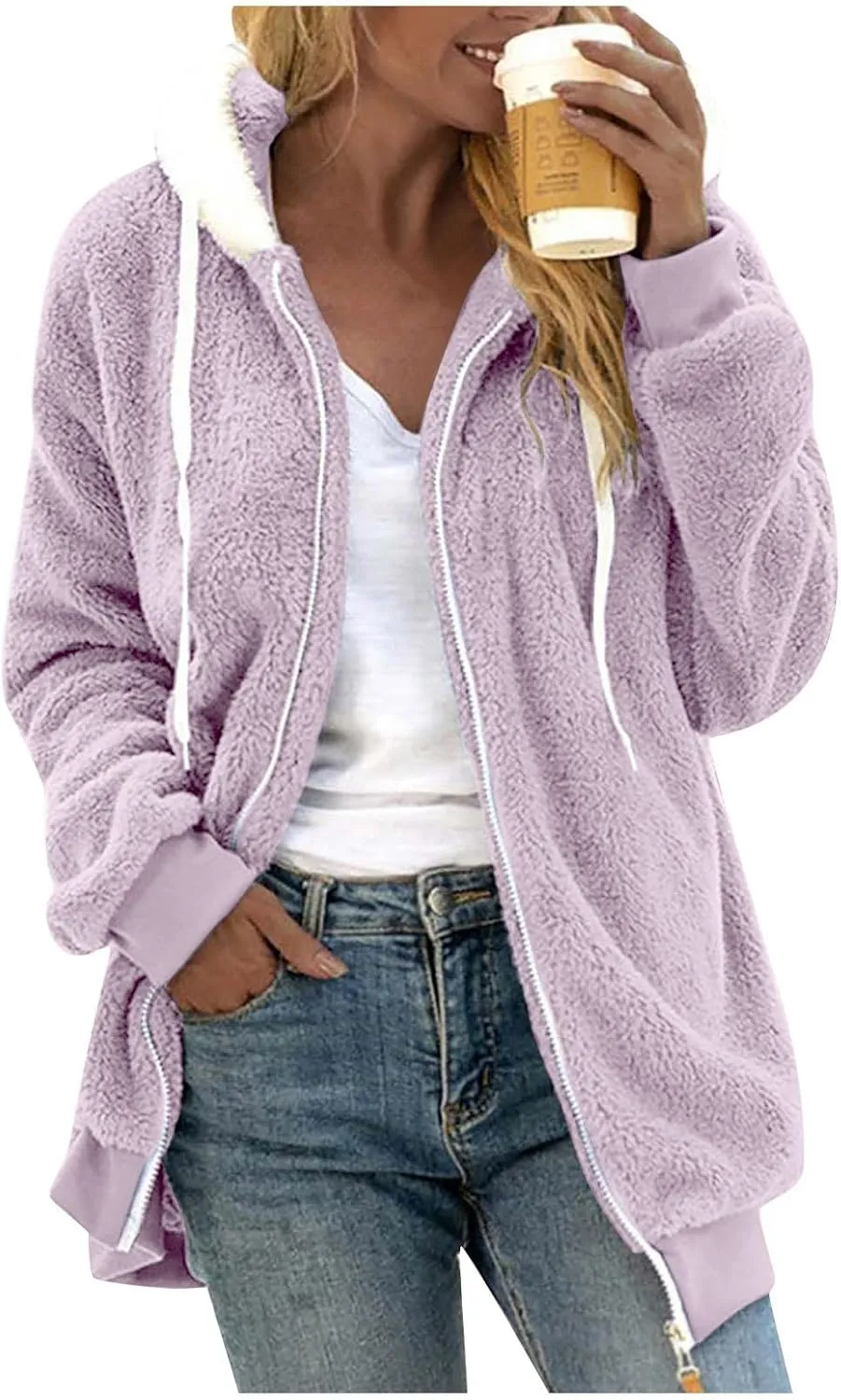 Womens Sherpa Jacket Fuzzy Plus Size Zip Up Hoodie Soft Comfy Fleece Lined Winter Coat with Pockets Warm Outerwear