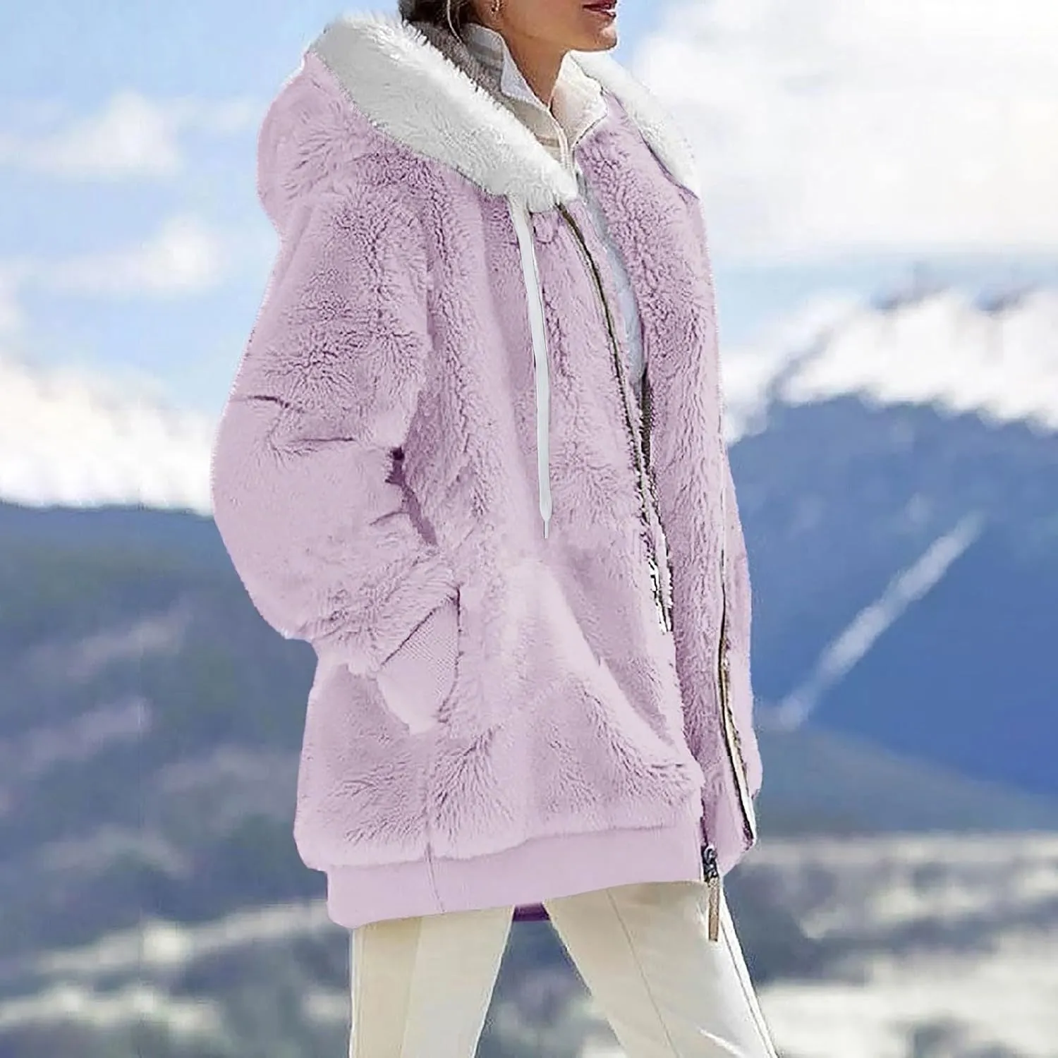 Womens Sherpa Jacket Fuzzy Plus Size Zip Up Hoodie Soft Comfy Fleece Lined Winter Coat with Pockets Warm Outerwear