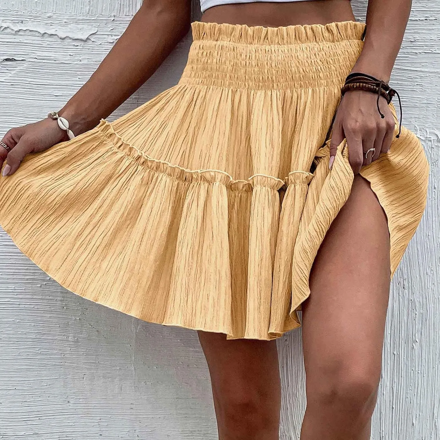 Women's Summer Solid Color Large Hem Body-Half Skirt Elastic High Waist Loose Fit Casual Pleated Short Skirt 2025