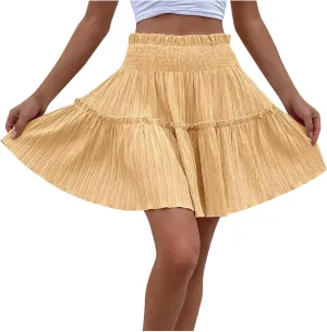 Women's Summer Solid Color Large Hem Body-Half Skirt Elastic High Waist Loose Fit Casual Pleated Short Skirt 2025