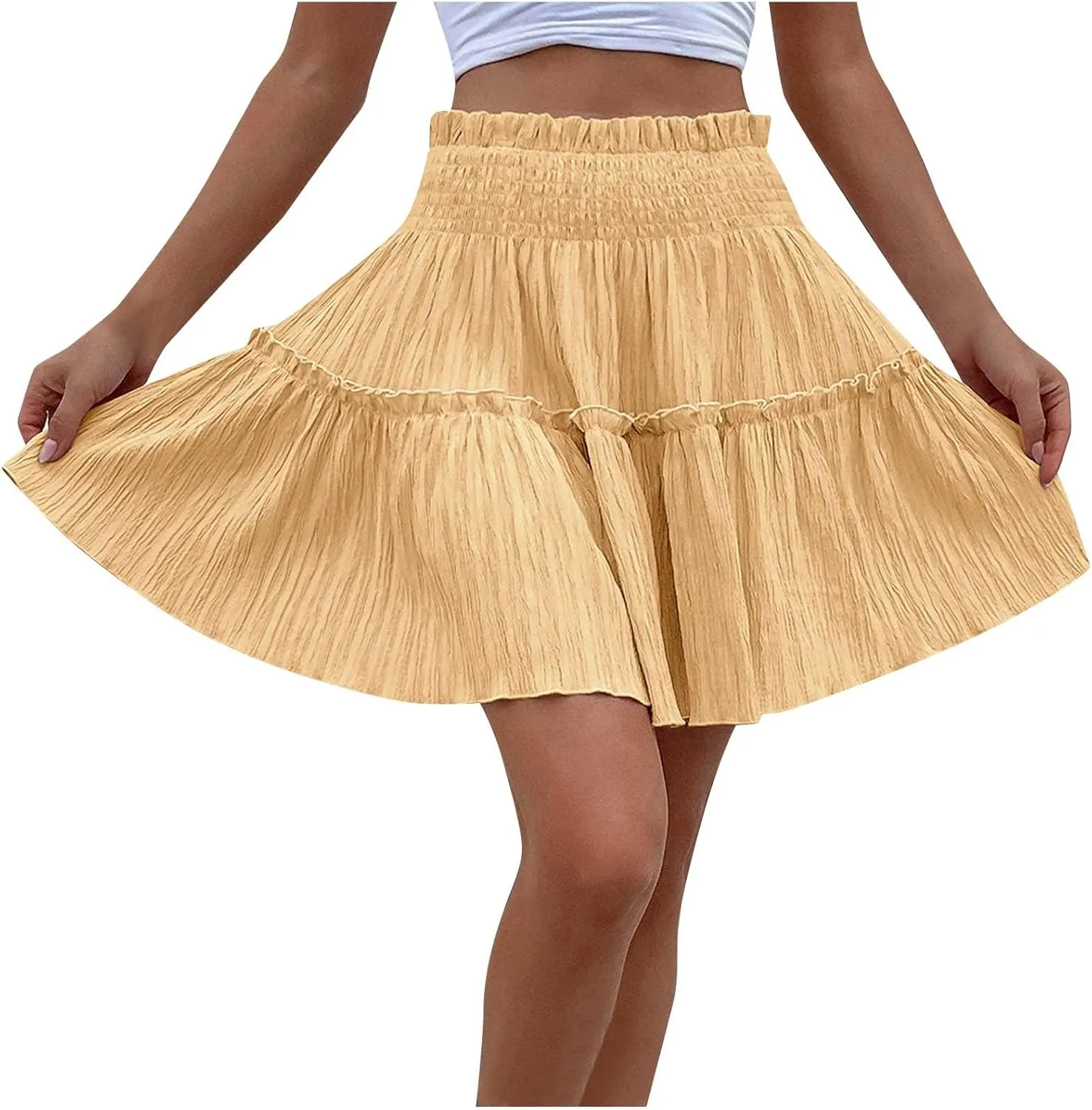 Women's Summer Solid Color Large Hem Body-Half Skirt Elastic High Waist Loose Fit Casual Pleated Short Skirt 2025