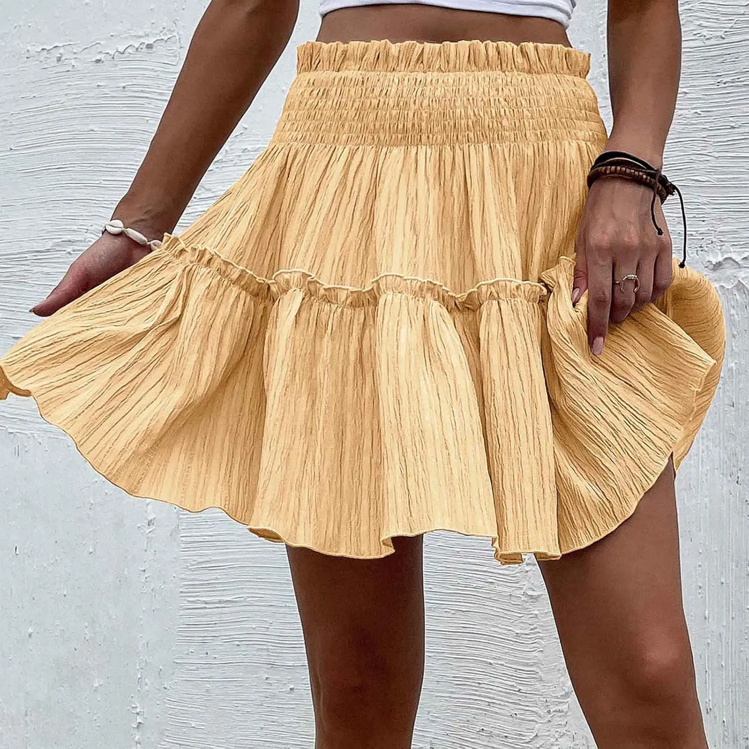 Women's Summer Solid Color Large Hem Body-Half Skirt Elastic High Waist Loose Fit Casual Pleated Short Skirt 2025